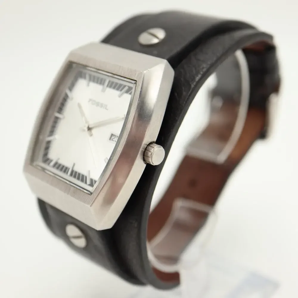 Vintage Fossil Y2k Silver Tone 38mm Date Watch Black Leather Bund w New Battery